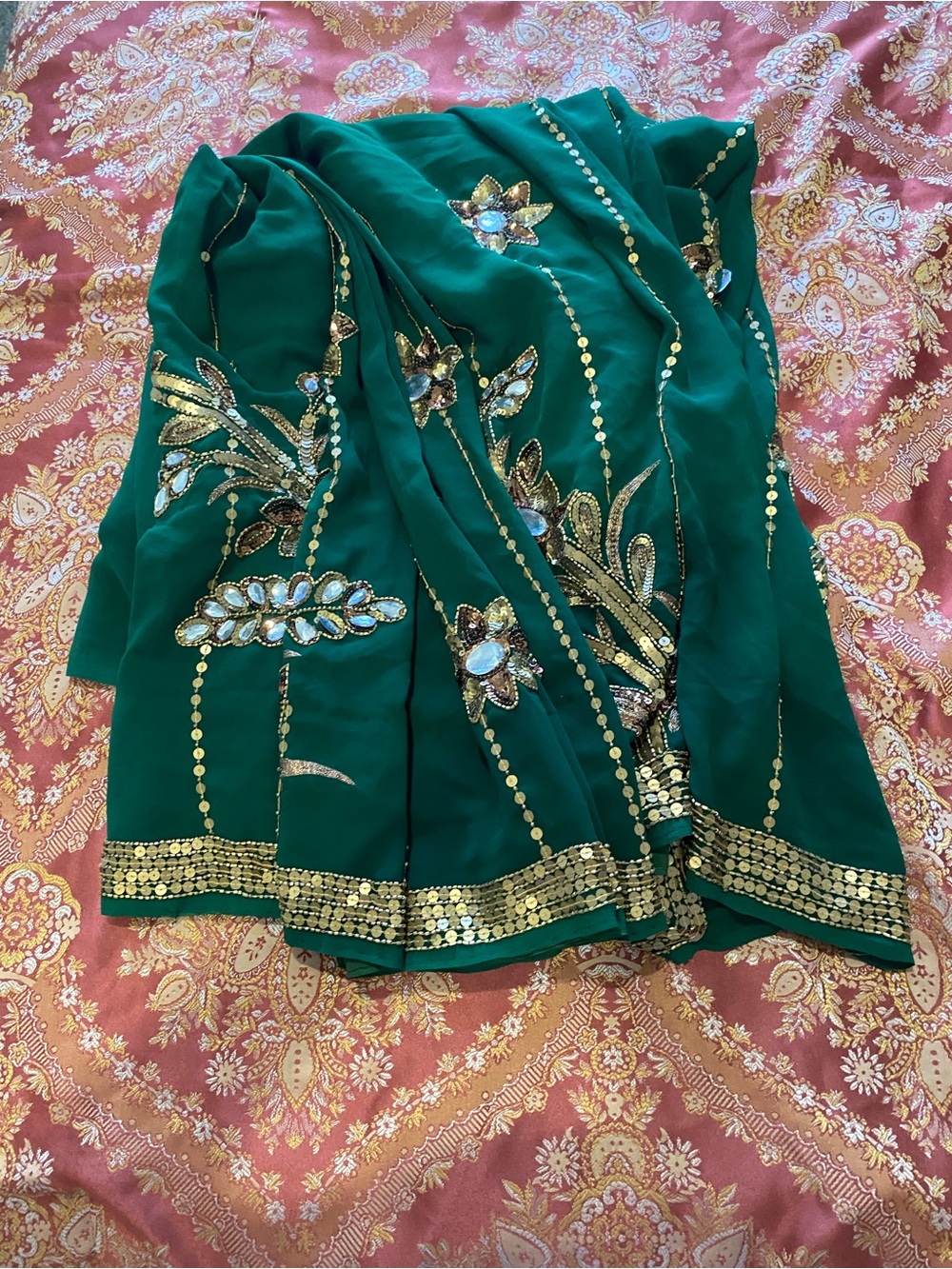 Elegant Green Embellished Women's Sari with Gold Sequin Trim